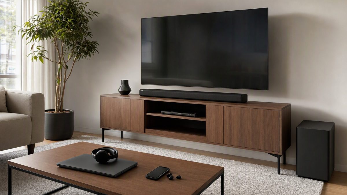 Sala de estar com TV, soundbar e subwoofer, notebook com headset e smartphone com fone Bluetooth sobre a mesa.