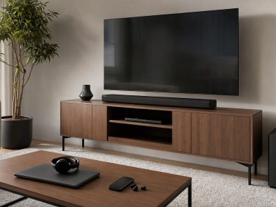 Sala de estar com TV, soundbar e subwoofer, notebook com headset e smartphone com fone Bluetooth sobre a mesa.