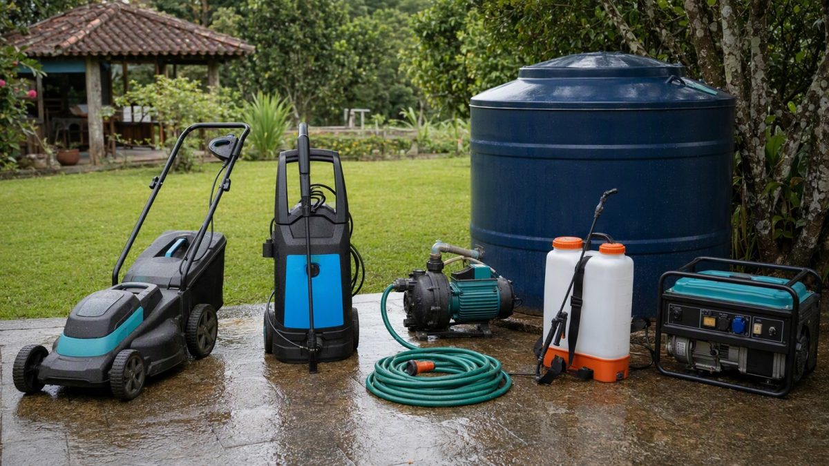 Pátio de sítio com cortador a bateria, lavadora de alta pressão, motobomba, mangueira, pulverizador e gerador organizados para uso.