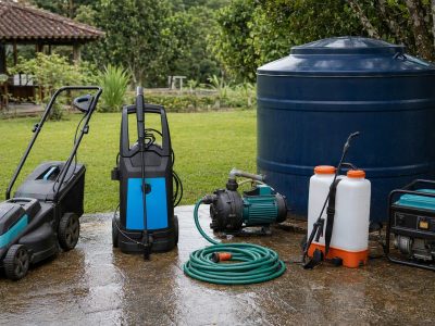 Pátio de sítio com cortador a bateria, lavadora de alta pressão, motobomba, mangueira, pulverizador e gerador organizados para uso.