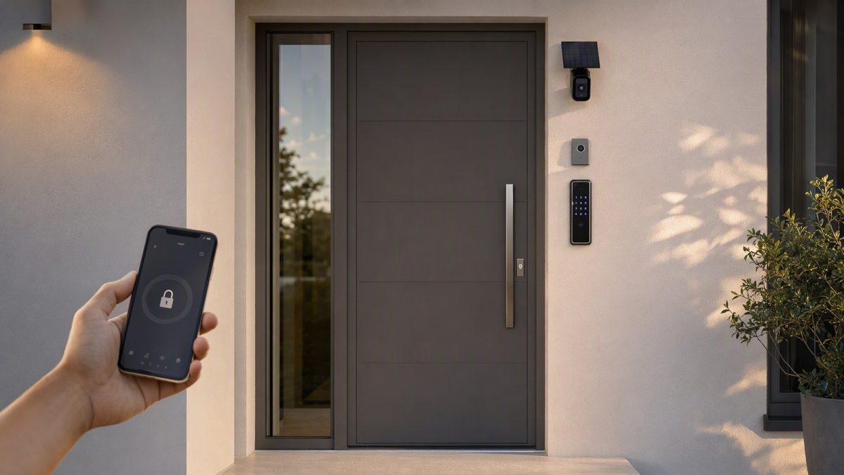 Porta de entrada moderna com fechadura eletrônica, campainha, câmera com painel solar e controle por smartphone.