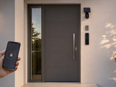 Porta de entrada moderna com fechadura eletrônica, campainha, câmera com painel solar e controle por smartphone.