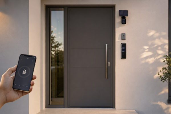 Porta de entrada moderna com fechadura eletrônica, campainha, câmera com painel solar e controle por smartphone.