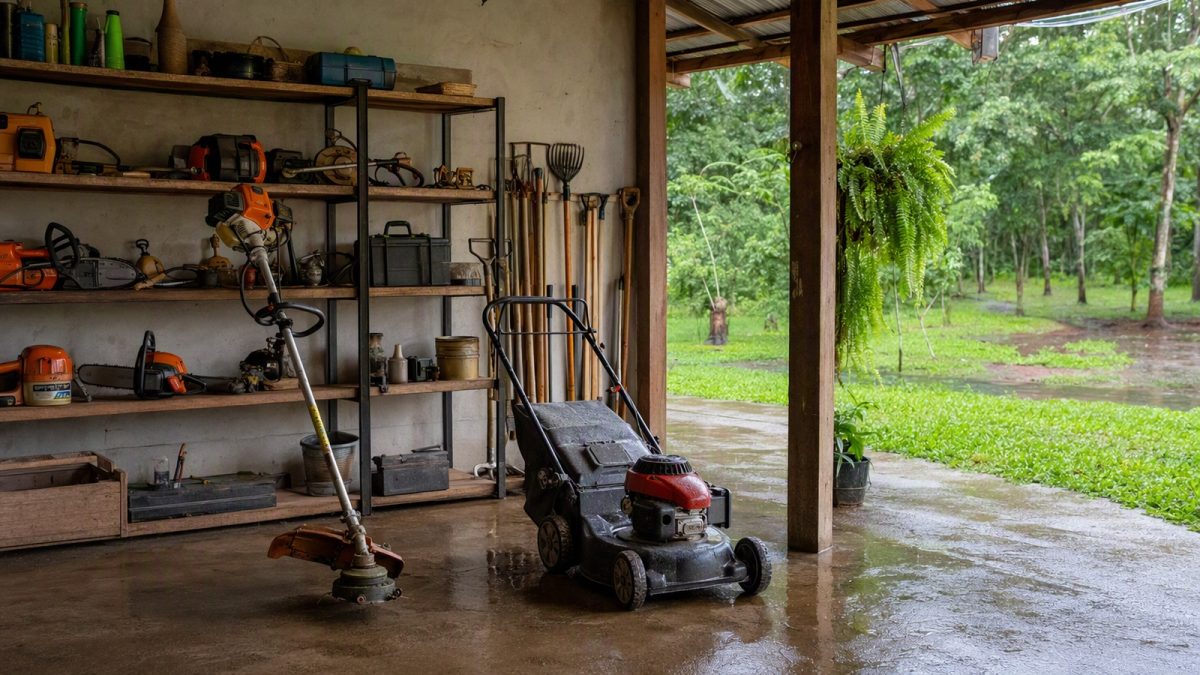 Galpão rural com roçadeira, cortador de grama e ferramentas organizadas para manutenção do sítio.