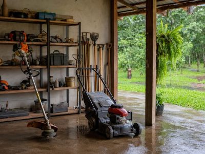 Galpão rural com roçadeira, cortador de grama e ferramentas organizadas para manutenção do sítio.