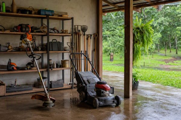 Galpão rural com roçadeira, cortador de grama e ferramentas organizadas para manutenção do sítio.