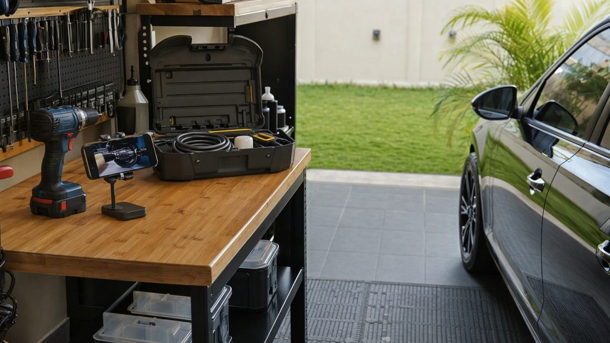 Garagem organizada para cuidados automotivos com furadeira a bateria, lavadora portátil, suportes de celular na bancada e carro estacionado.