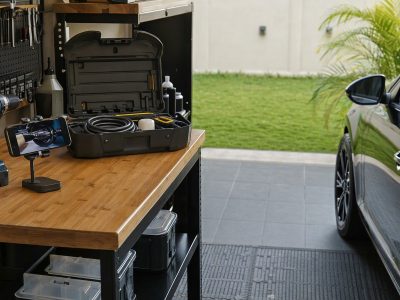 Garagem organizada para cuidados automotivos com furadeira a bateria, lavadora portátil, suportes de celular na bancada e carro estacionado.