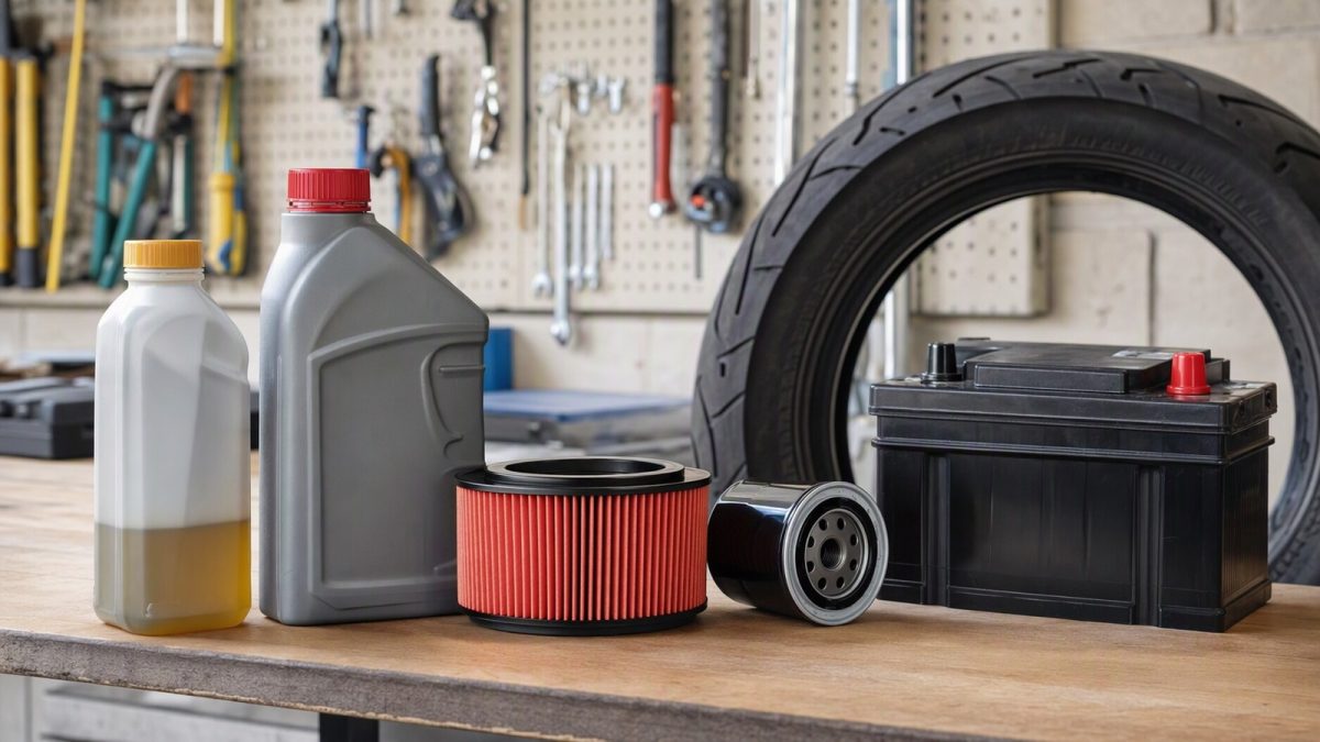 Bancada de garagem com fluido de freio, ATF, filtros de moto, pneu e bateria dispostos para revisão automotiva.