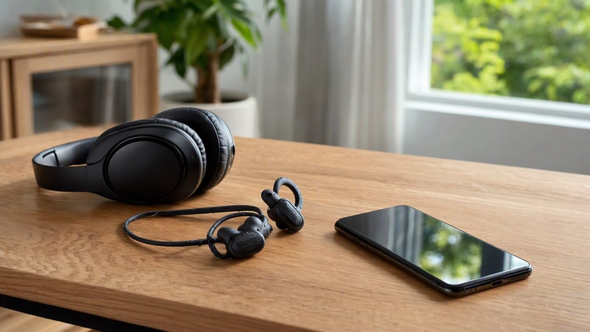 Fone over‑ear, fones in‑ear e smartphone sobre mesa de madeira em ambiente doméstico.