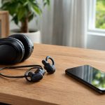 Fone over‑ear, fones in‑ear e smartphone sobre mesa de madeira em ambiente doméstico.