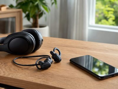 Fone over‑ear, fones in‑ear e smartphone sobre mesa de madeira em ambiente doméstico.