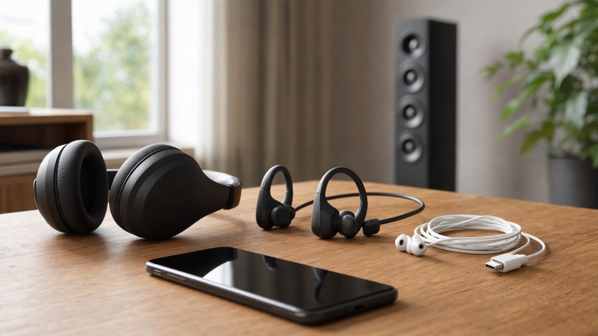 Vários fones de ouvido sobre mesa com smartphone e caixa de som ao fundo, em ambiente doméstico.