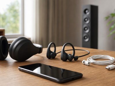 Vários fones de ouvido sobre mesa com smartphone e caixa de som ao fundo, em ambiente doméstico.