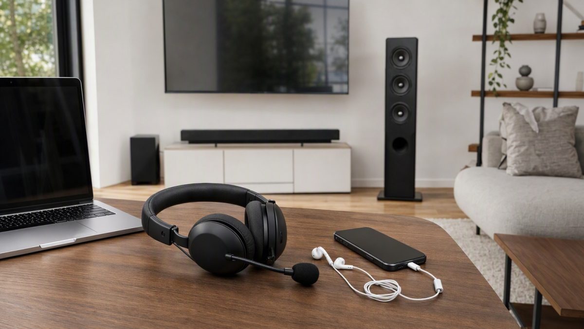 Mesa com headset com microfone, earbuds USB-C e, ao fundo, TV com soundbar e torre de som.