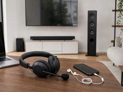 Mesa com headset com microfone, earbuds USB-C e, ao fundo, TV com soundbar e torre de som.