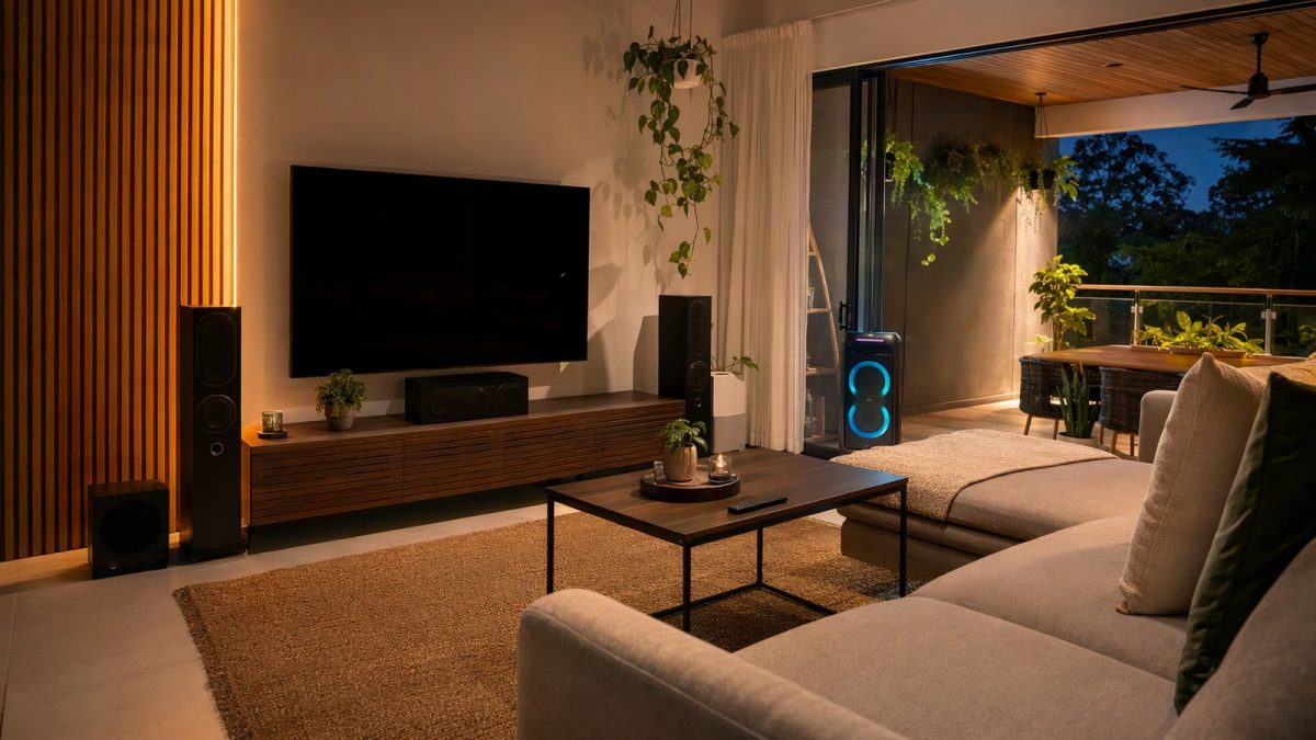 Sala com home theater e party speaker pronta para festas, ambiente tropical e coberto.