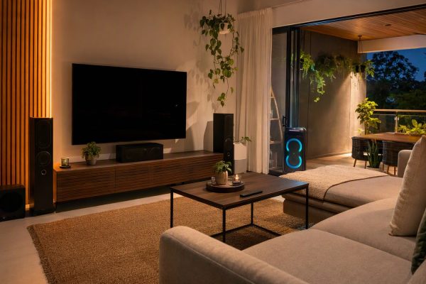 Sala com home theater e party speaker pronta para festas, ambiente tropical e coberto.