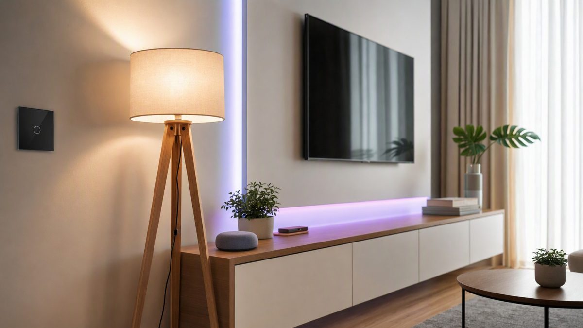 Sala com iluminação inteligente, fita LED RGB e interruptor touch em ambiente moderno, sem pessoas.