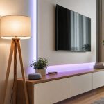 Sala com iluminação inteligente, fita LED RGB e interruptor touch em ambiente moderno, sem pessoas.