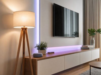 Sala com iluminação inteligente, fita LED RGB e interruptor touch em ambiente moderno, sem pessoas.