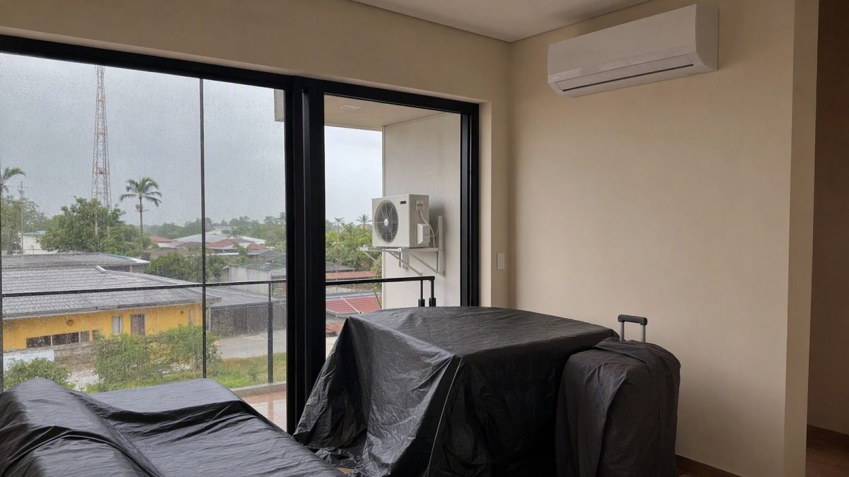 Sala com ar-condicionado split instalado e unidade externa em suporte, móveis protegidos e mala com capa, cenário de instalação na Região Norte.