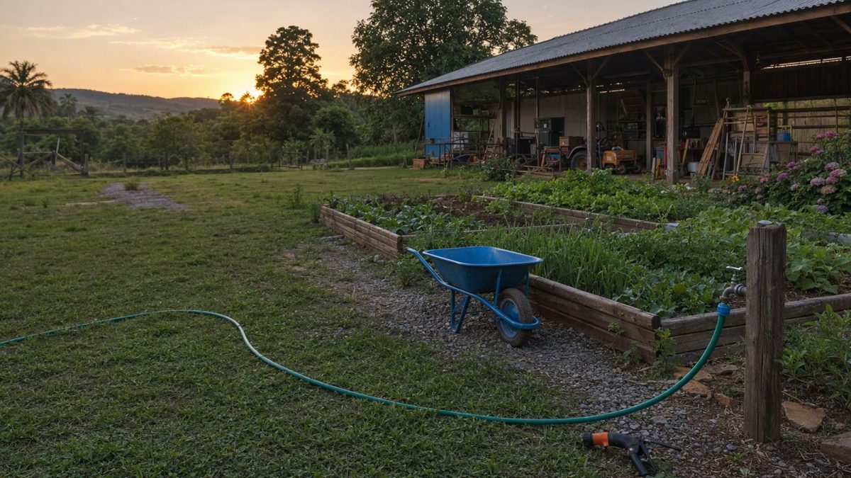 Cenário rural com mangueira conectada a esguicho e carrinho de mão próximo a canteiros, ao entardecer.