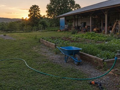 Cenário rural com mangueira conectada a esguicho e carrinho de mão próximo a canteiros, ao entardecer.