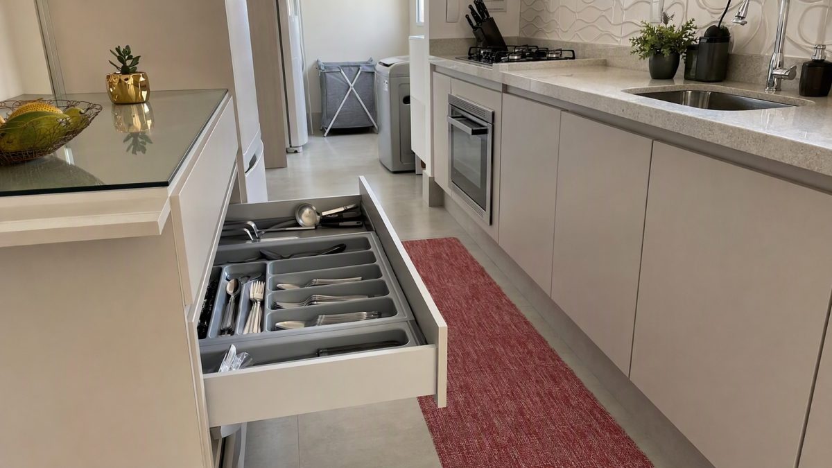 Cozinha organizada com gaveta de talheres, tapete diante da pia e cesto de roupa dobrável ao fundo.