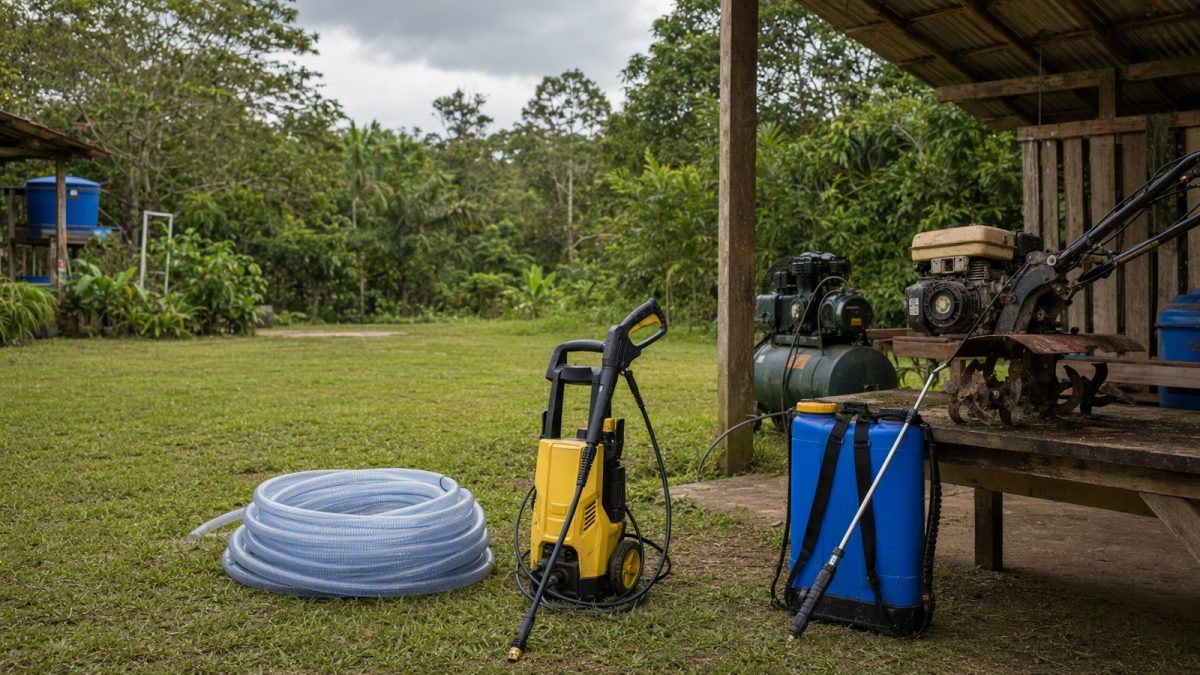 Kit de jardinagem rural com mangueira, lavadora de alta pressão, pulverizador, compressor e enxada rotativa em pátio de sítio.