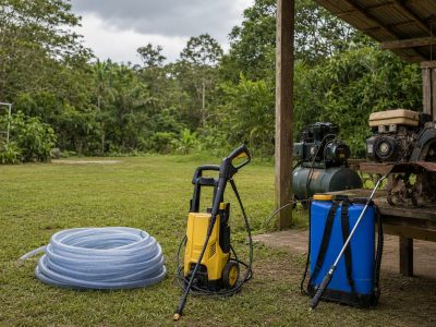 Kit de jardinagem rural com mangueira, lavadora de alta pressão, pulverizador, compressor e enxada rotativa em pátio de sítio.