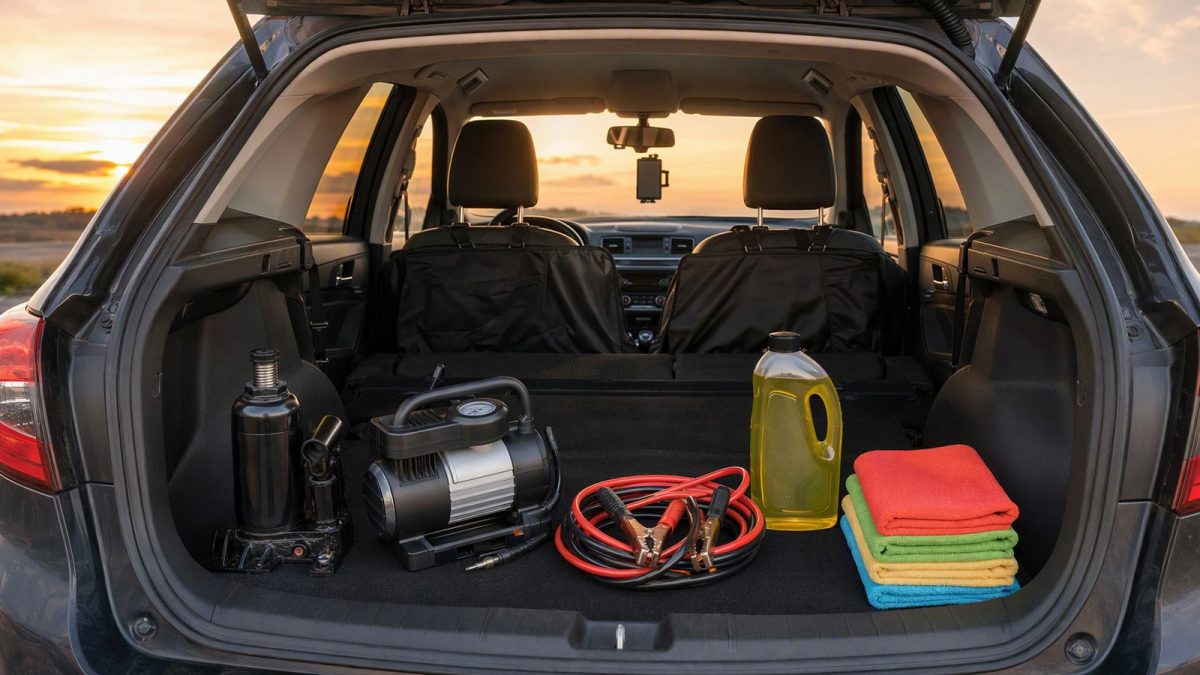 Kit de emergência automotivo organizado no porta-malas com macaco garrafa, compressor, cabo de chupeta, shampoo e microfibra, mais capa de banco e suporte de celular instalados.