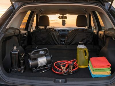 Kit de emergência automotivo organizado no porta-malas com macaco garrafa, compressor, cabo de chupeta, shampoo e microfibra, mais capa de banco e suporte de celular instalados.