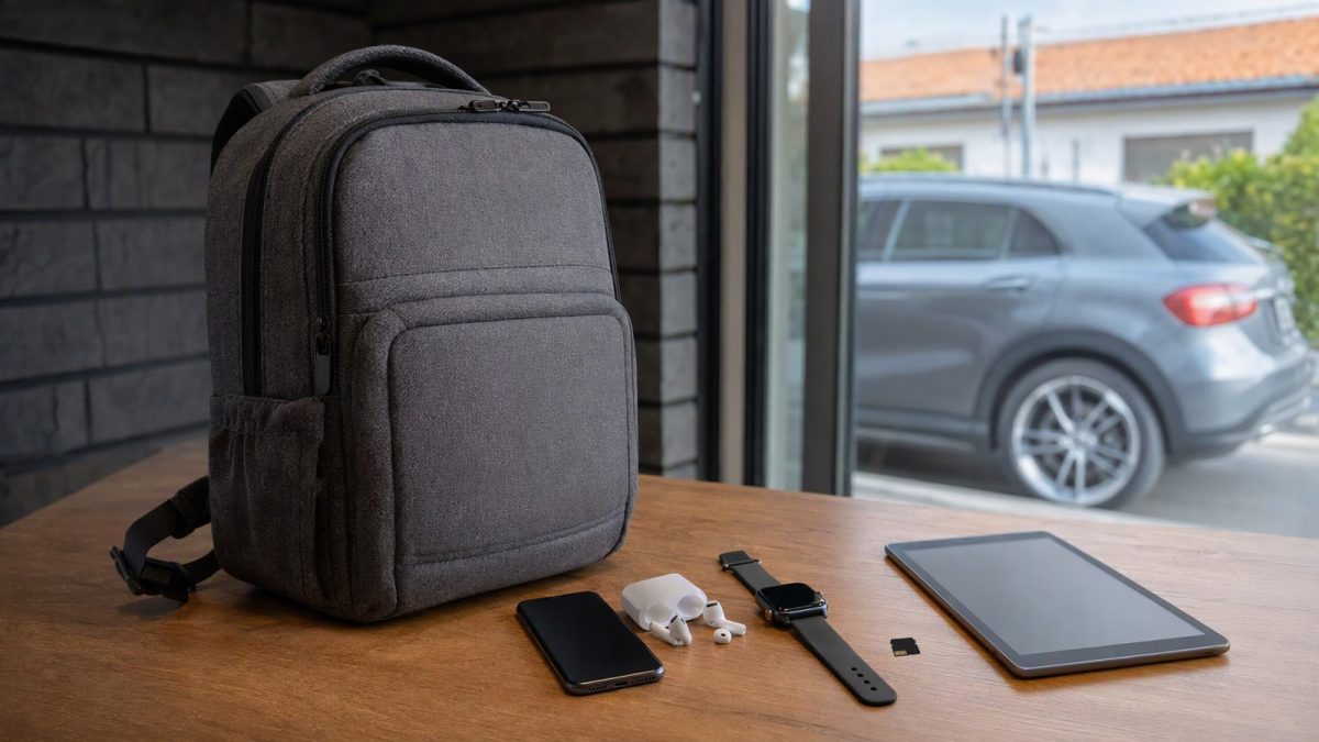 Kit de viagem com celular ao lado de fones TWS, smartwatch, cartão microSD e tablet.