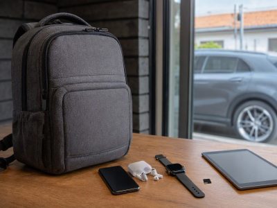 Kit de viagem com celular ao lado de fones TWS, smartwatch, cartão microSD e tablet.