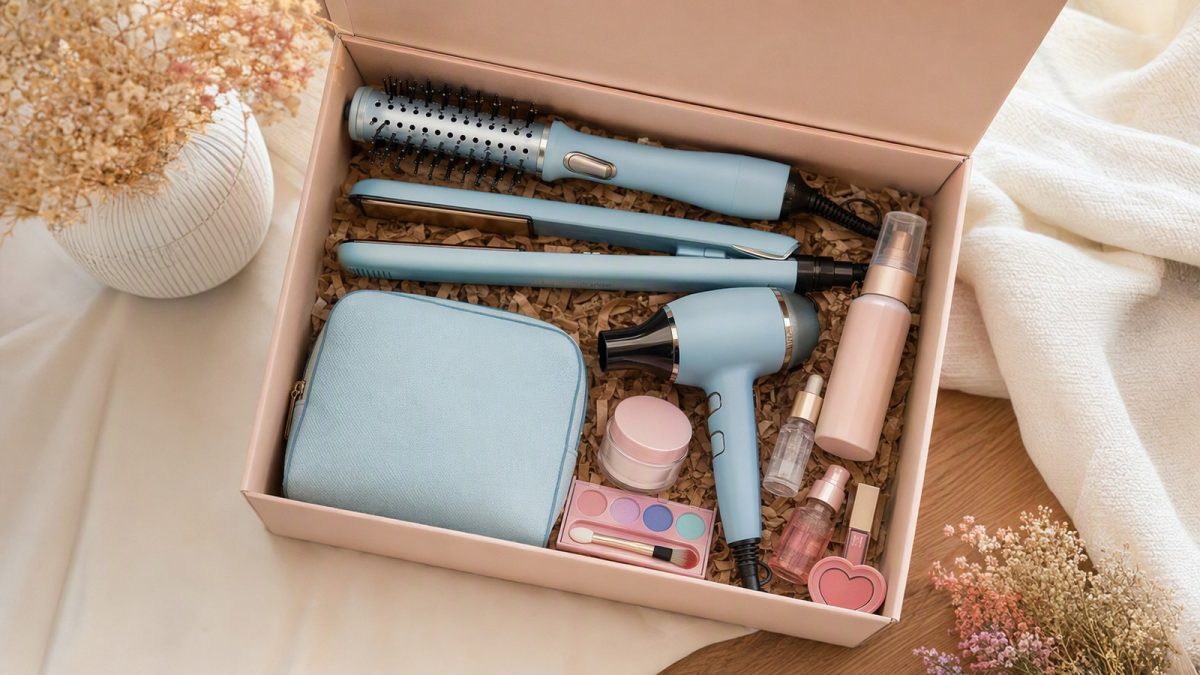 Flat lay de kits de beleza com ferramentas de cabelo, sérum, hidratante, protetor solar em spray e nécessaire, em caixa de presente.