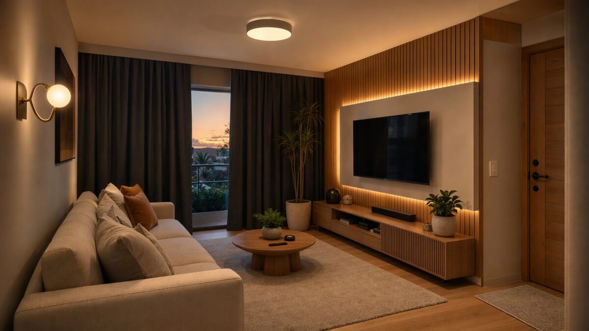 Sala de estar com cortina blackout, luz indireta quente e arandela, criando clima aconchegante.