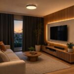 Sala de estar com cortina blackout, luz indireta quente e arandela, criando clima aconchegante.
