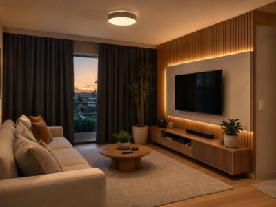 Sala de estar com cortina blackout, luz indireta quente e arandela, criando clima aconchegante.