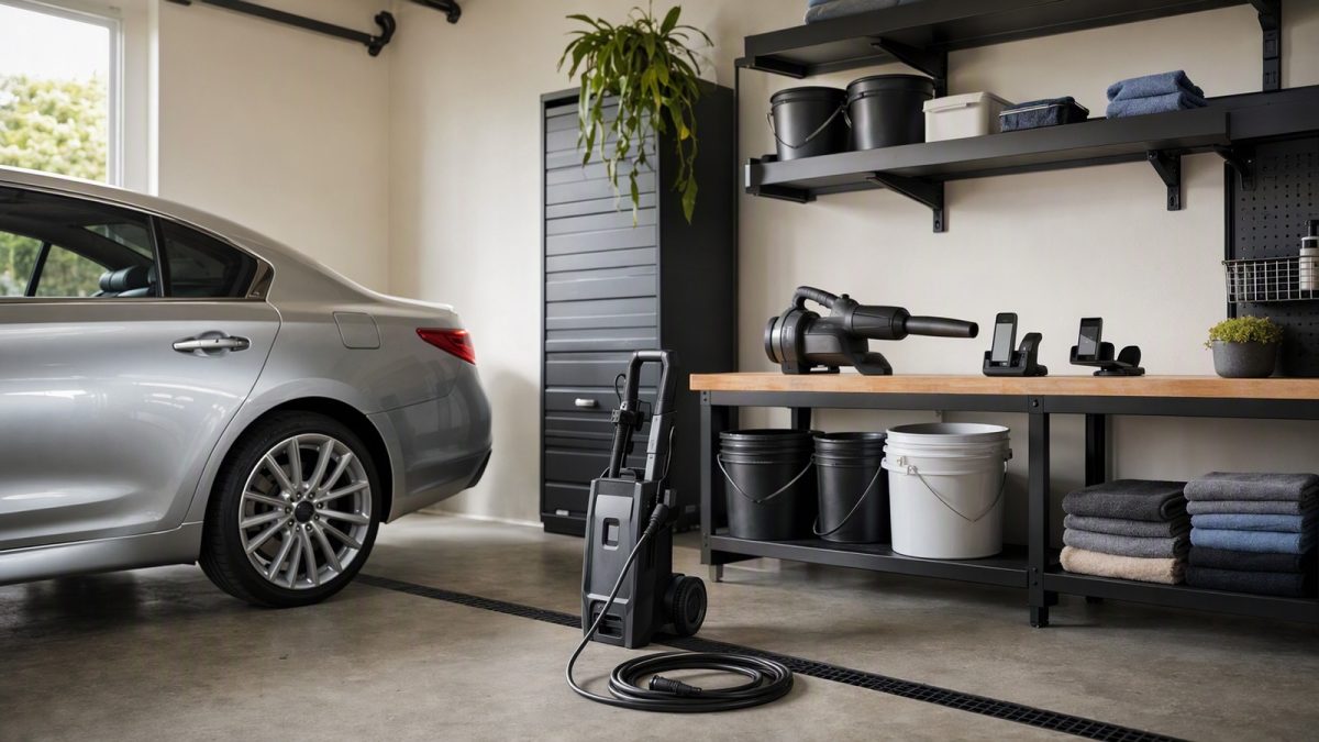 Garagem organizada com lavadora de alta pressão a bateria e soprador para lavar e secar carro em casa.
