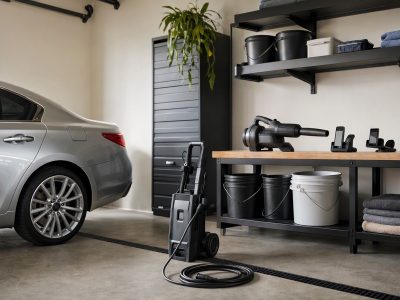 Garagem organizada com lavadora de alta pressão a bateria e soprador para lavar e secar carro em casa.
