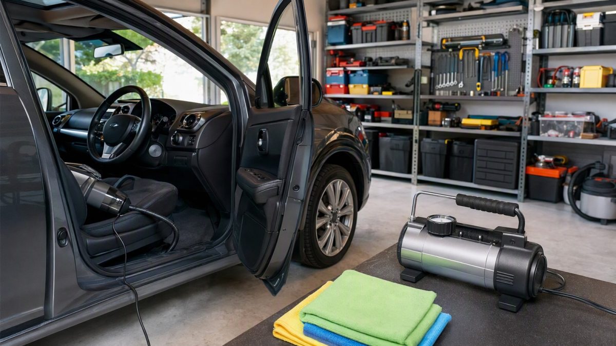 Garagem organizada com carro sendo limpo com aspirador 12V, panos de microfibra e mini compressor sobre a bancada.