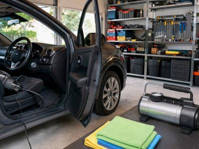 Garagem organizada com carro sendo limpo com aspirador 12V, panos de microfibra e mini compressor sobre a bancada.