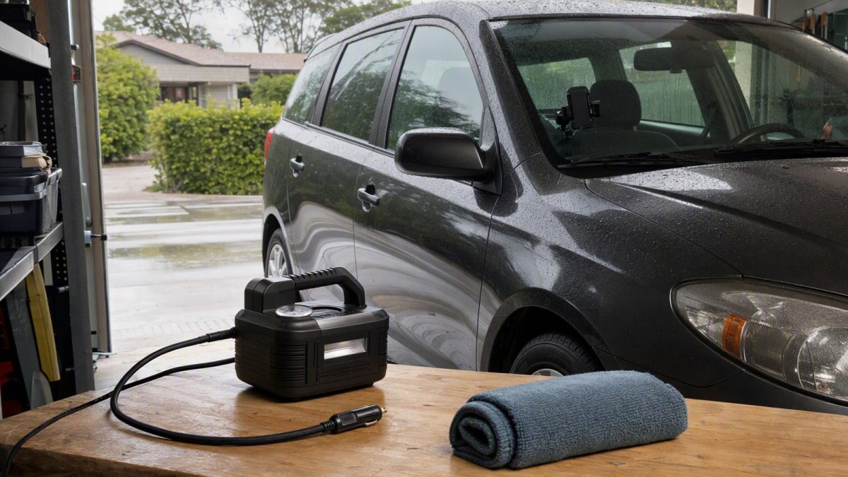 Carro estacionado na garagem com compressor 12V e toalha de microfibra prontos para manutenção rápida.