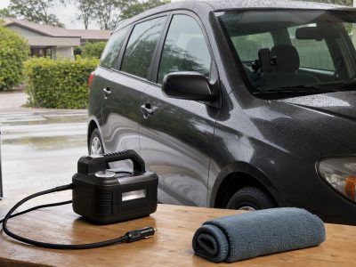 Carro estacionado na garagem com compressor 12V e toalha de microfibra prontos para manutenção rápida.