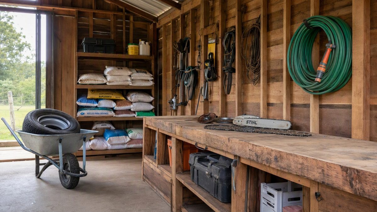 Galpão rural organizado com ferramentas, mangueira e carrinho de mão prontos para manutenção.