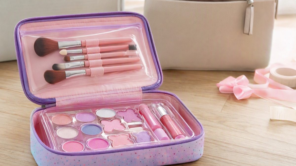 Estojo de maquiagem infantil aberto com pincéis e gloss sobre mesa, ao fundo uma bolsa e fitas de presente.