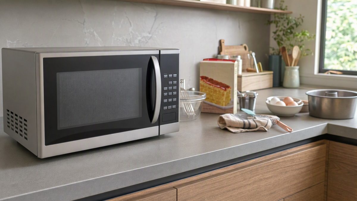 Cozinha moderna com micro-ondas e utilidades domésticas organizadas na bancada.