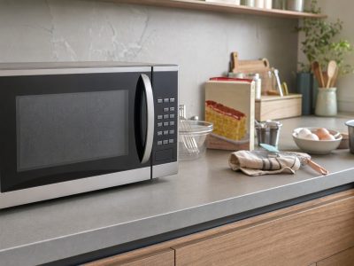 Cozinha moderna com micro-ondas e utilidades domésticas organizadas na bancada.