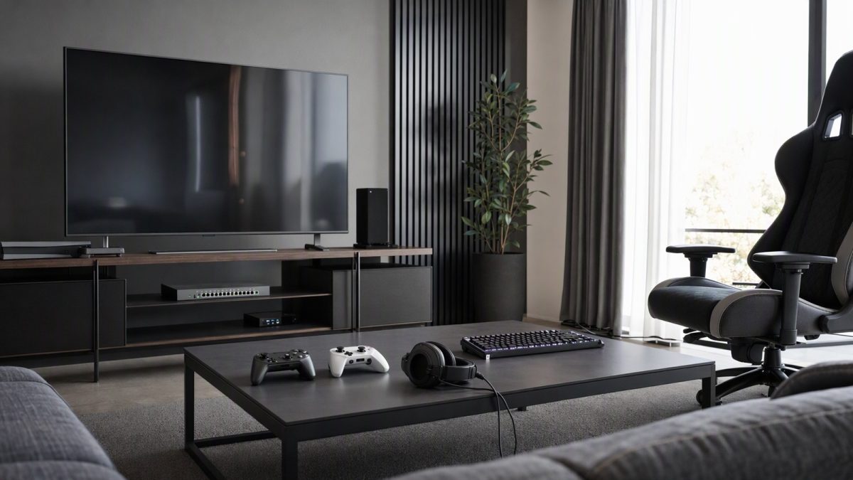 Controles, headset, teclado e cadeira gamer organizados para sessão multiplayer em casa